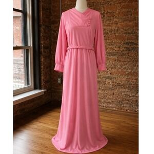 Vintage Pink Maxi Dress 70s Long Sleeve Braided Waist Gown Formal Mod Retro Prom